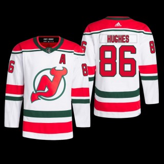 New Jersey Devils Jack Hughes 2022-23 Heritage Jersey Primegreen White Authentic Pro Uniform