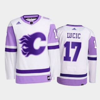 Milan Lucic 2021 HockeyFightsCancer Jersey Calgary Flames White Primegreen