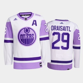 Leon Draisaitl 2021 HockeyFightsCancer Jersey Edmonton Oilers White Primegreen