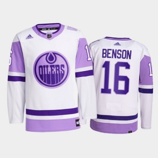 Tyler Benson 2021 HockeyFightsCancer Jersey Edmonton Oilers White Primegreen