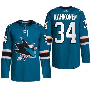 San Jose Sharks 2022 Home Jersey Kaapo Kahkonen Teal #34 Primegreen Authentic Pro Uniform